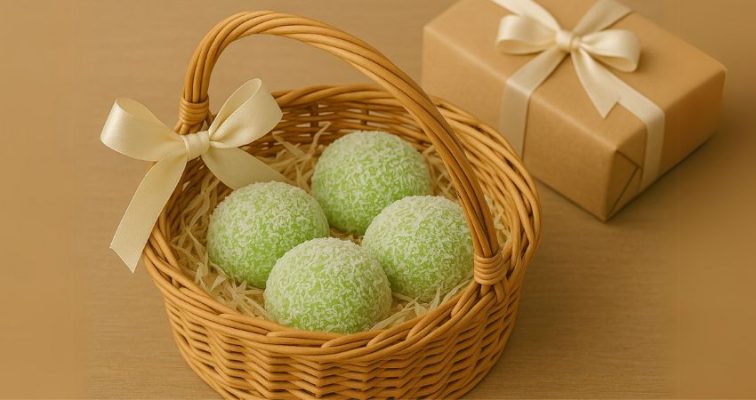 Bánh mochi cốm trong giỏ quà